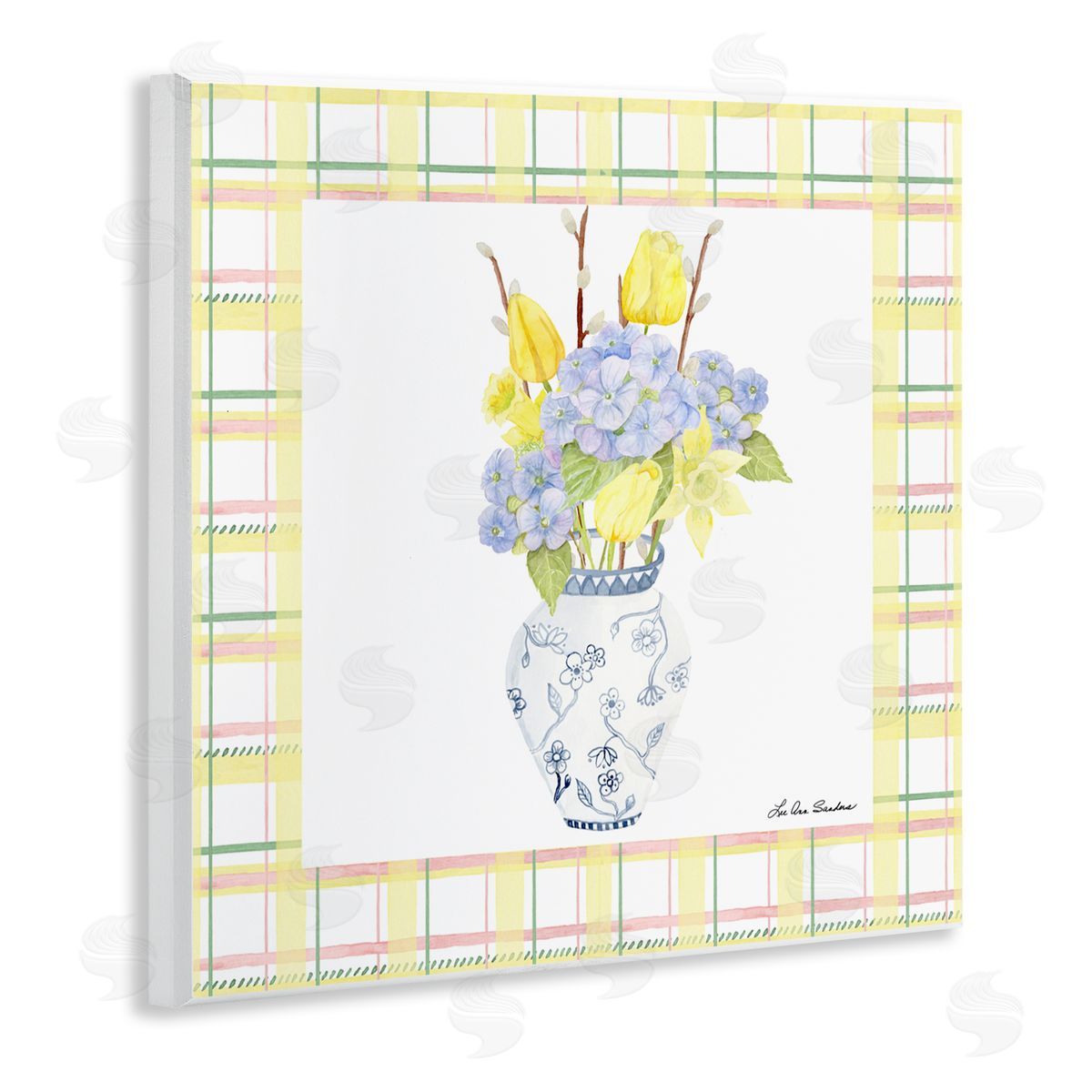 Lee Ann Sanders Spring Vase on Yellow Plaid Wooden Wall Plaque Art Print