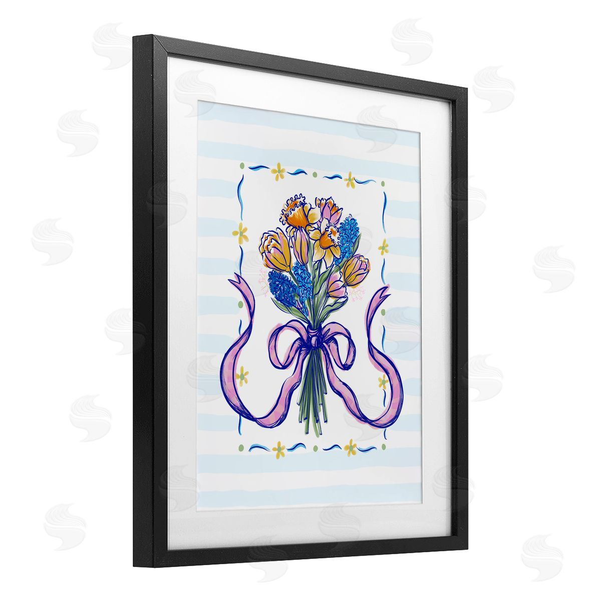 Connie Summers Spring Fresh Ribbon Bouquet Black Framed Print Under Glass with White Mat Wall Art