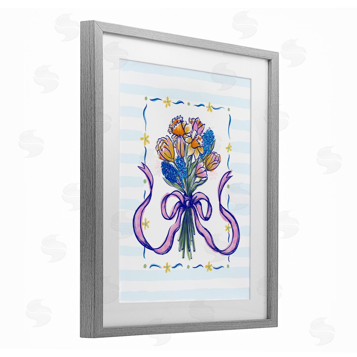 Connie Summers Spring Fresh Ribbon Bouquet Gray Framed Print Under Glass with White Mat Wall Art