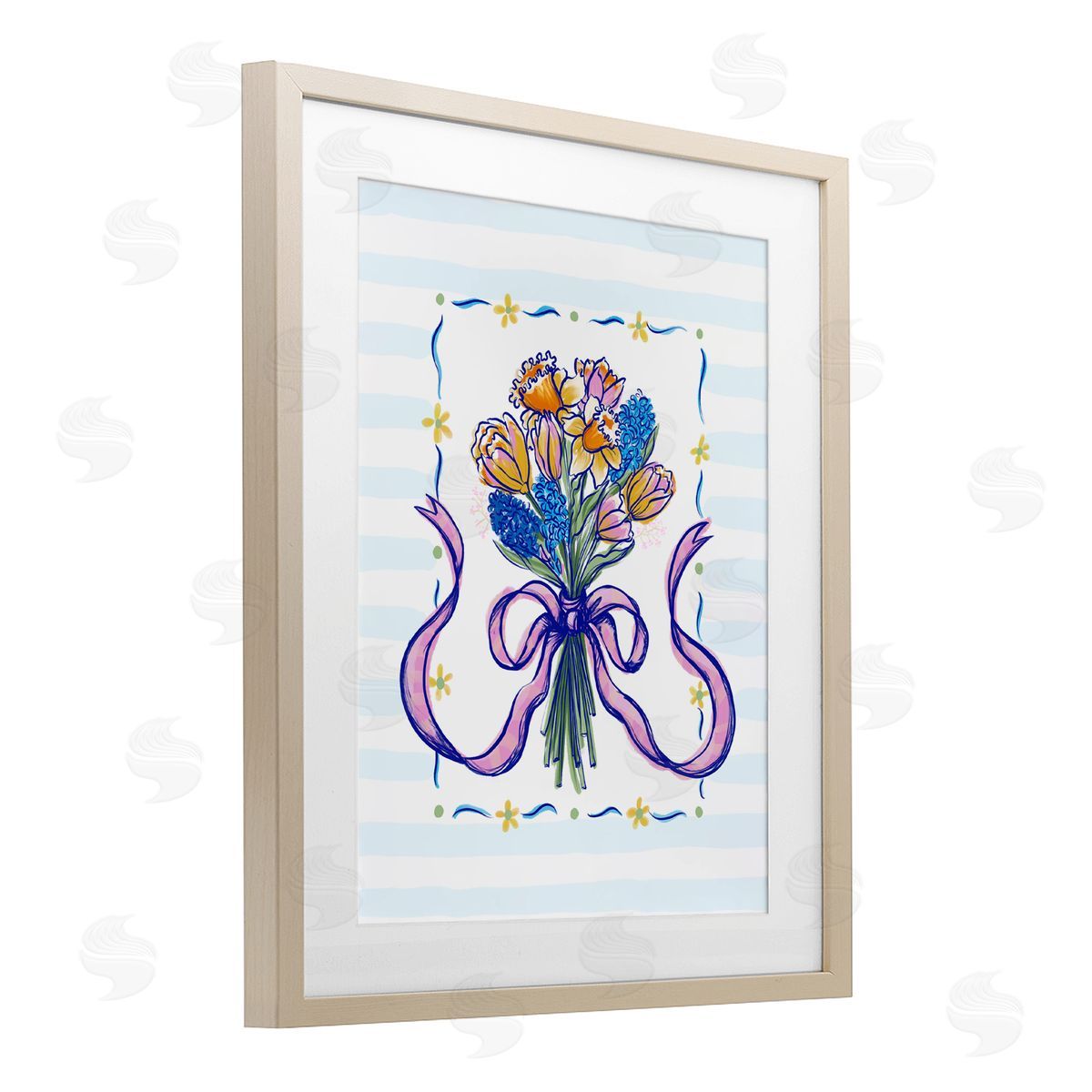 Connie Summers Spring Fresh Ribbon Bouquet Birch Framed Print Under Glass with White Mat Wall Art