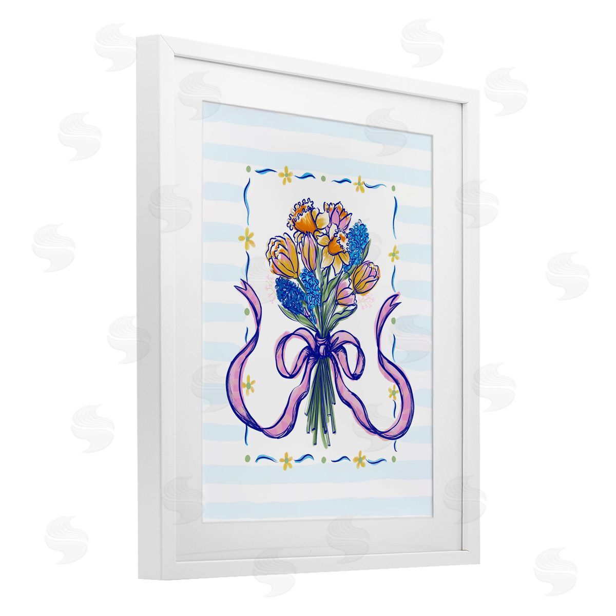 Connie Summers Spring Fresh Ribbon Bouquet White Framed Print Under Glass with Mat Wall Art