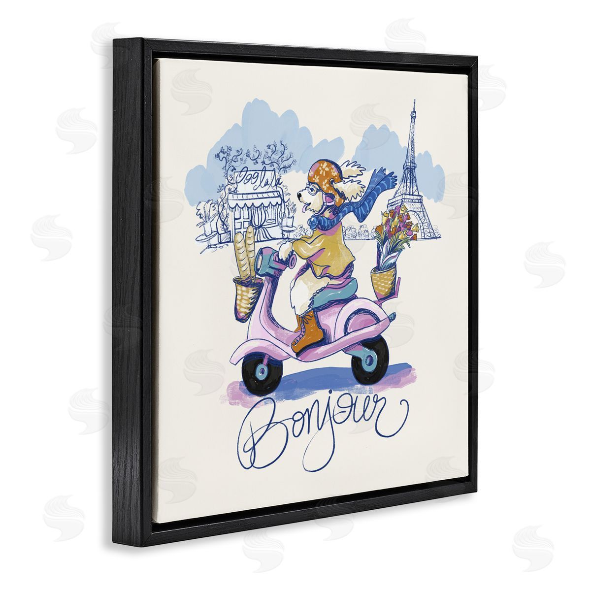 Connie Summers Bonjour Vintage Dog on Scooter Black Floating Frame Canvas Wall Art Print