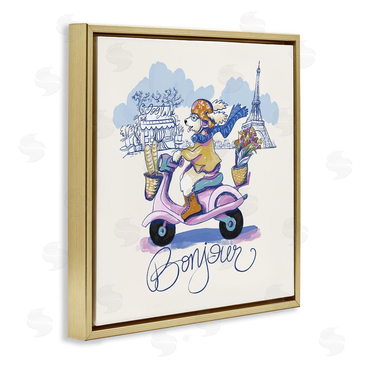 Connie Summers Bonjour Vintage Dog on Scooter Gold Floating Frame Canvas Wall Art Print