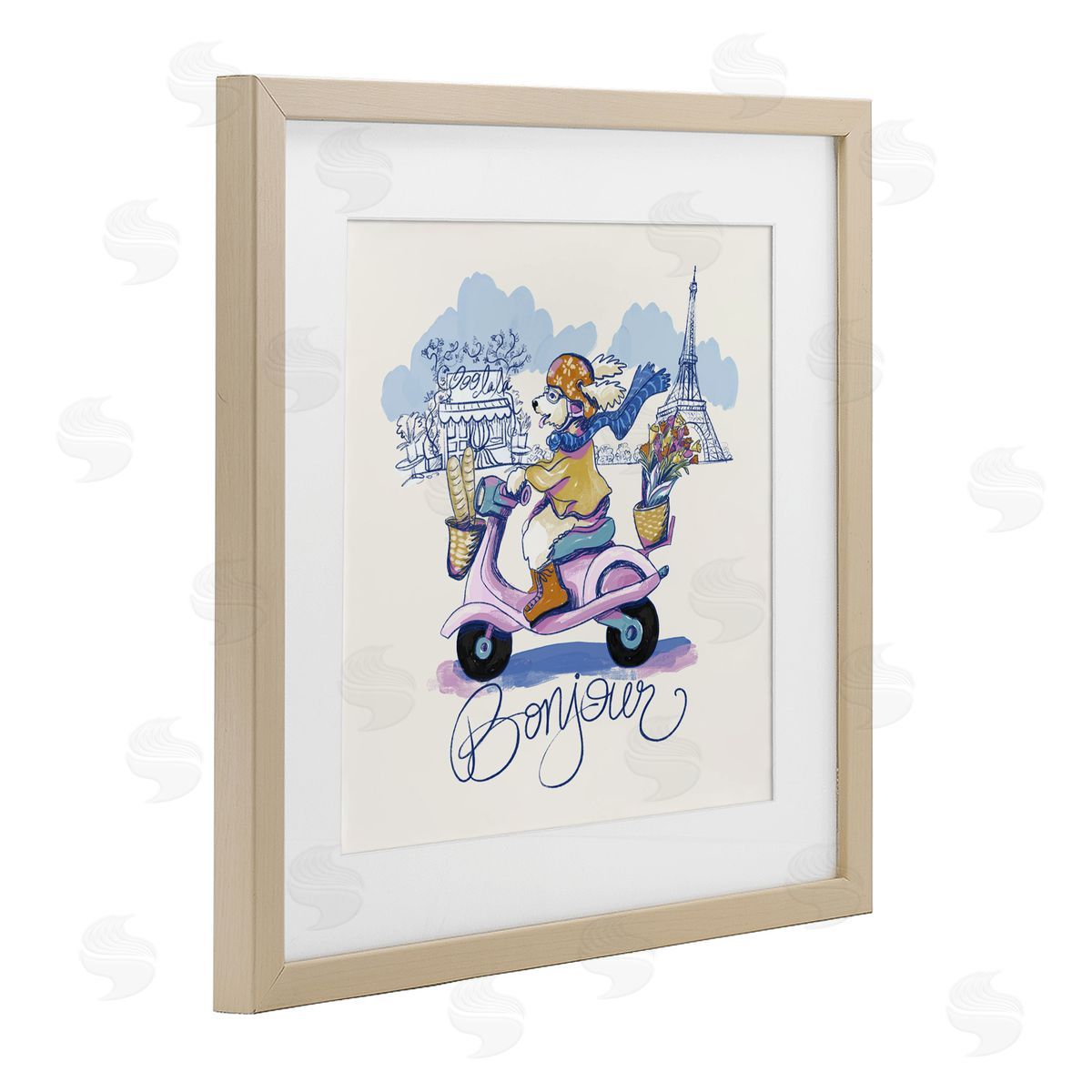 Connie Summers Bonjour Vintage Dog on Scooter Birch Framed Print Under Glass with White Mat Wall Art