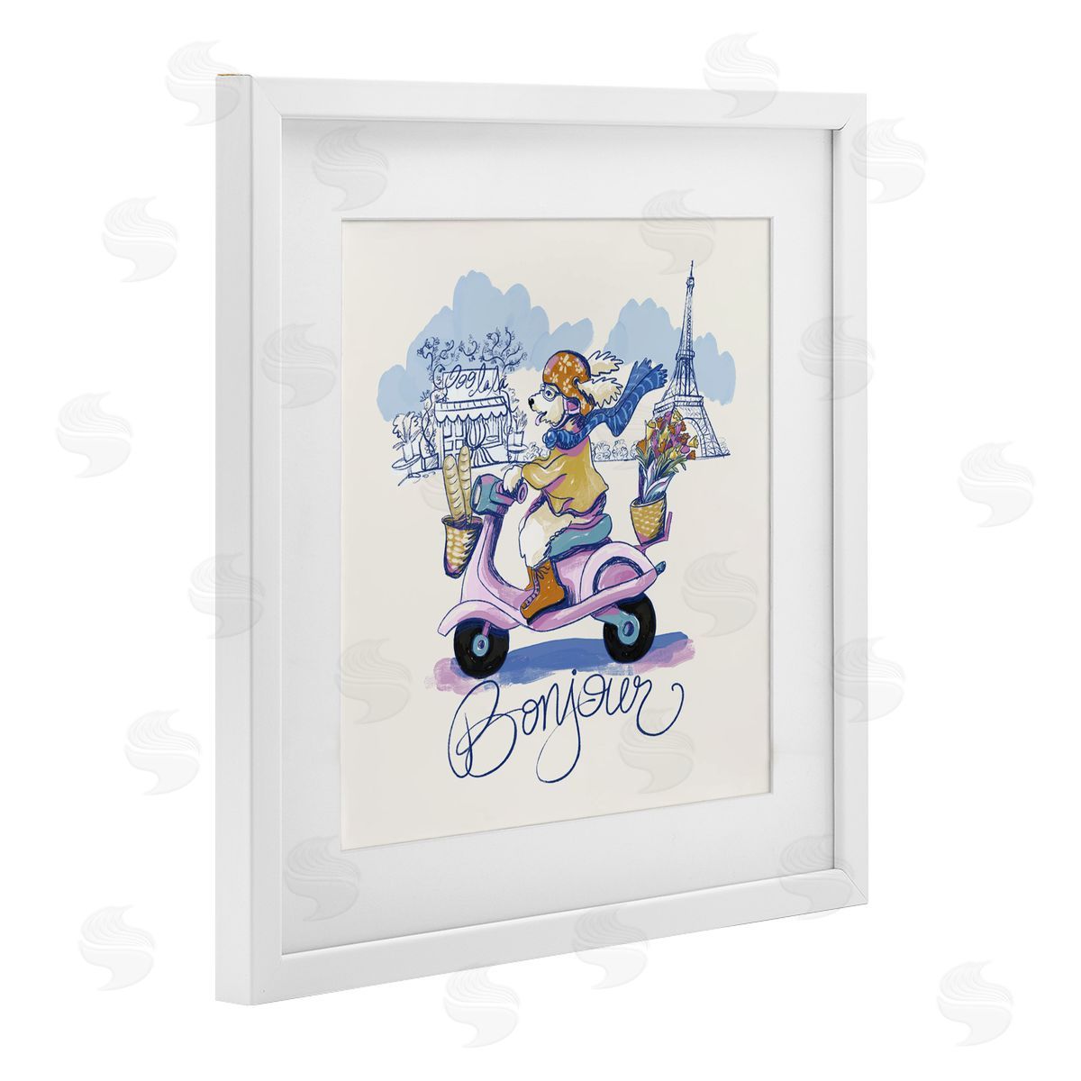 Connie Summers Bonjour Vintage Dog on Scooter White Framed Print Under Glass with Mat Wall Art