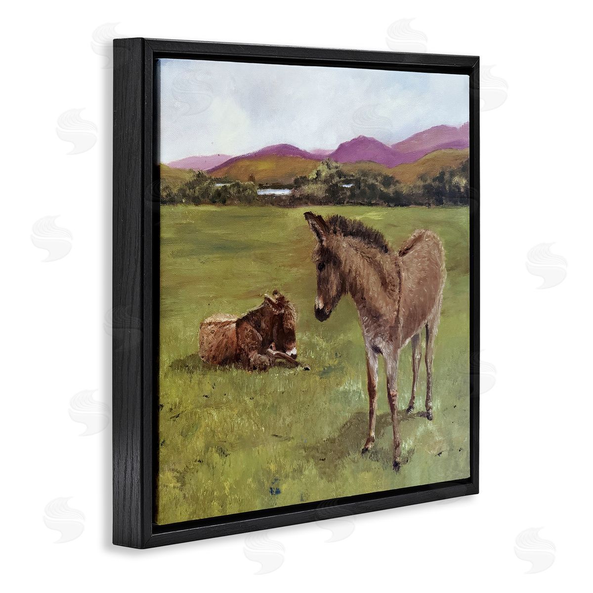 Patricia Reynolds Donkey Duo in Pasture Black Floating Frame Canvas Wall Art Print