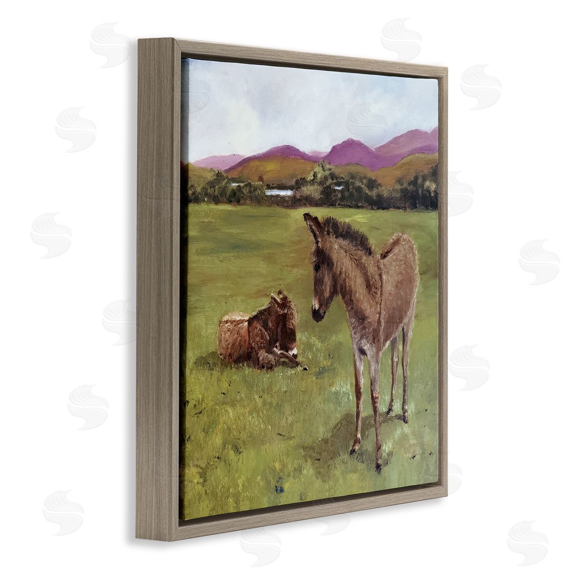 Patricia Reynolds Donkey Duo in Pasture Brown Floating Frame Canvas Wall Art Print