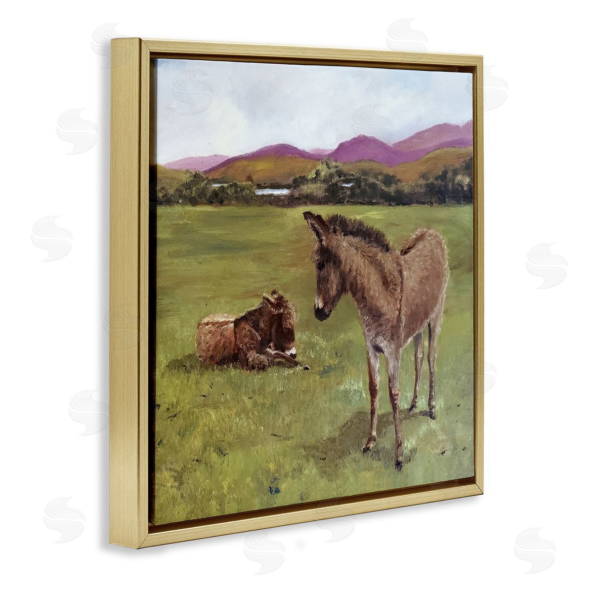 Patricia Reynolds Donkey Duo in Pasture Gold Floating Frame Canvas Wall Art Print