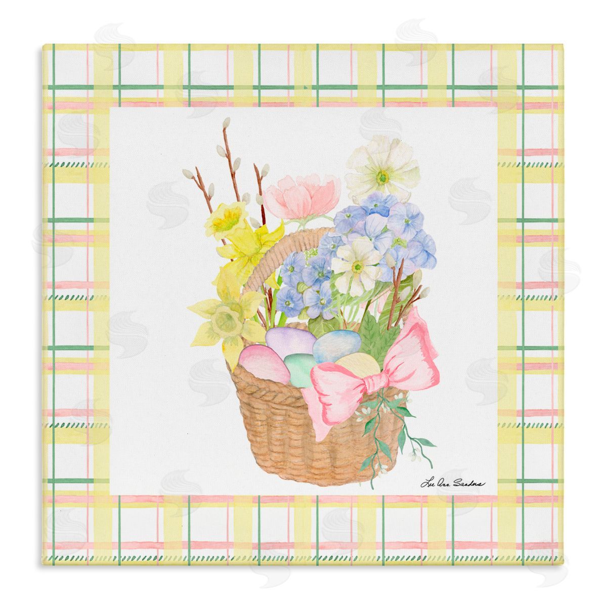 Lee Ann Sanders Spring Basket on Plaid Stretched Canvas Wall Art Print