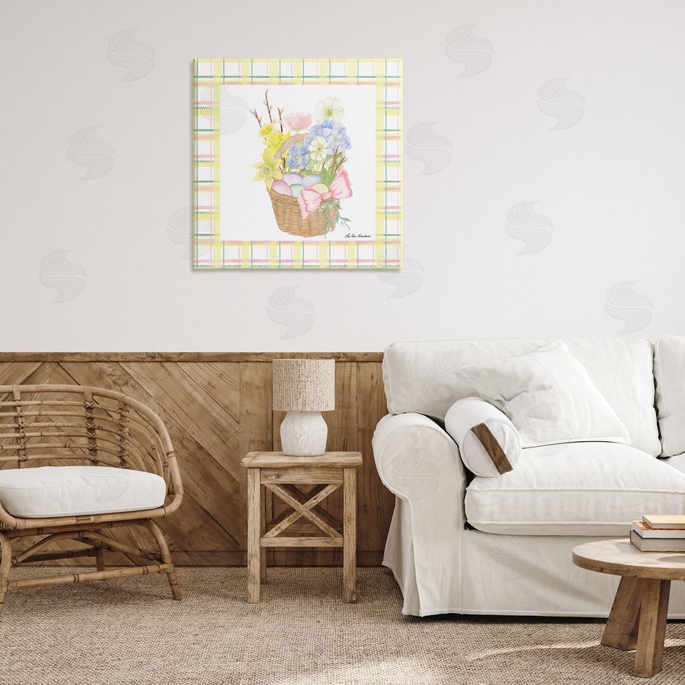 Lee Ann Sanders Spring Basket on Plaid Stretched Canvas Wall Art Print in Room