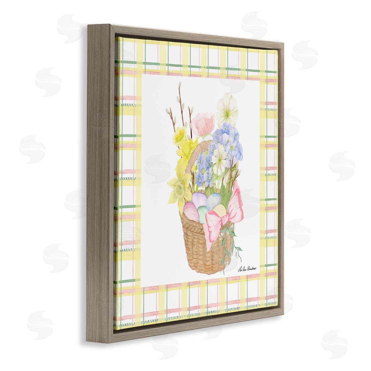 Lee Ann Sanders Spring Basket on Plaid Brown Floating Frame Canvas Wall Art Print