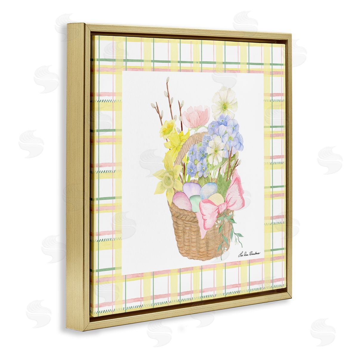 Lee Ann Sanders Spring Basket on Plaid Gold Floating Frame Canvas Wall Art Print