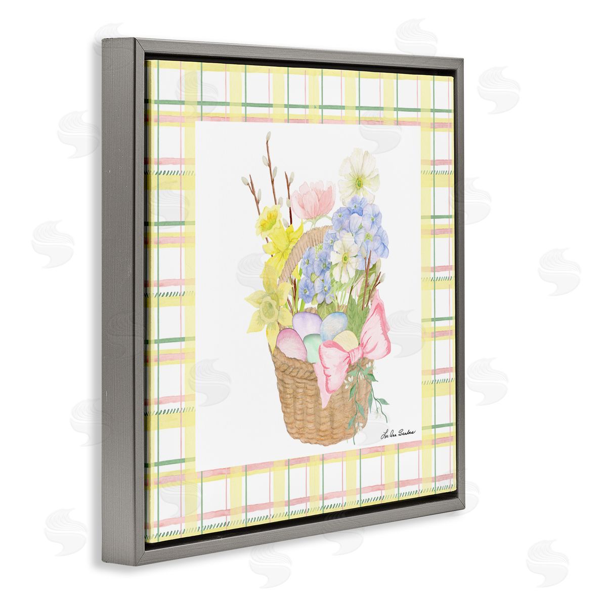 Lee Ann Sanders Spring Basket on Plaid Gray Floating Frame Canvas Wall Art Print