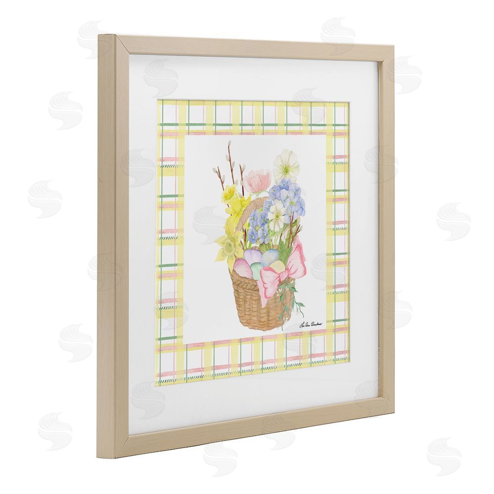 Lee Ann Sanders Spring Basket on Plaid Brown Framed Print Under Glass Wall Art