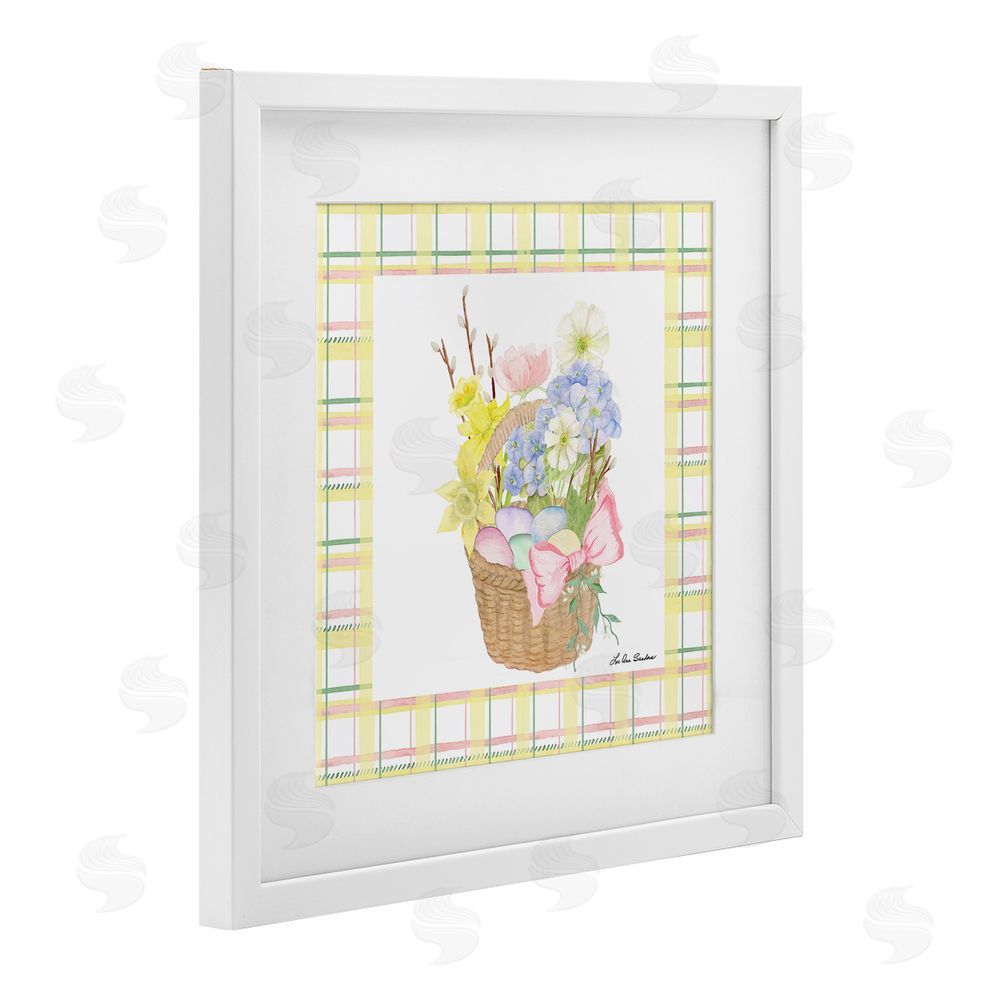 Lee Ann Sanders Spring Basket on Plaid White Framed Print Under Glass Wall Art