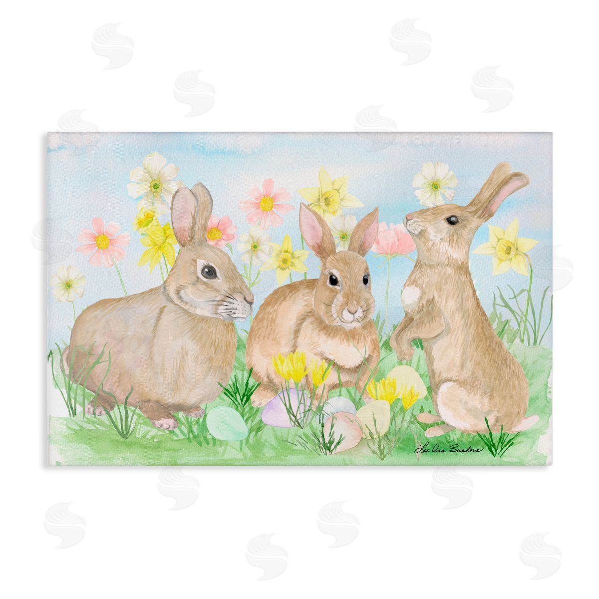 Lee Ann Sanders Three Bunnies In The Grass Stretched Canvas Wall Art Print