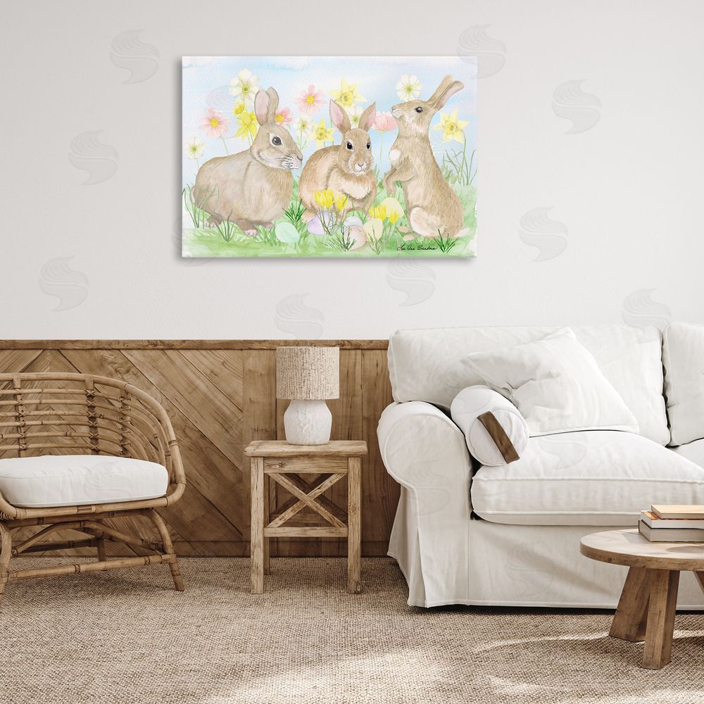 Lee Ann Sanders Three Bunnies In The Grass Stretched Canvas Wall Art Print in Room