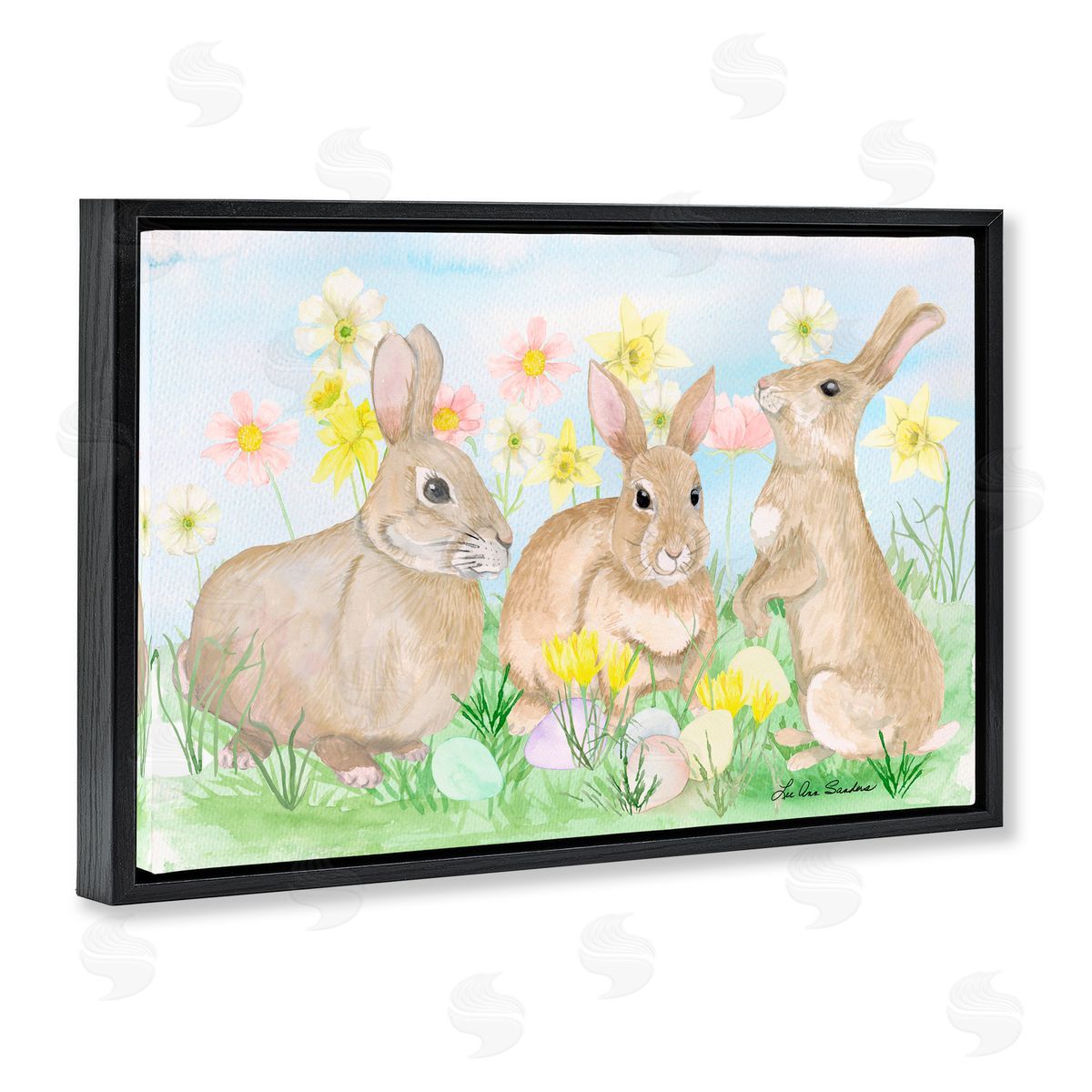 Lee Ann Sanders Three Bunnies In The Grass Black Floating Frame Canvas Wall Art Print