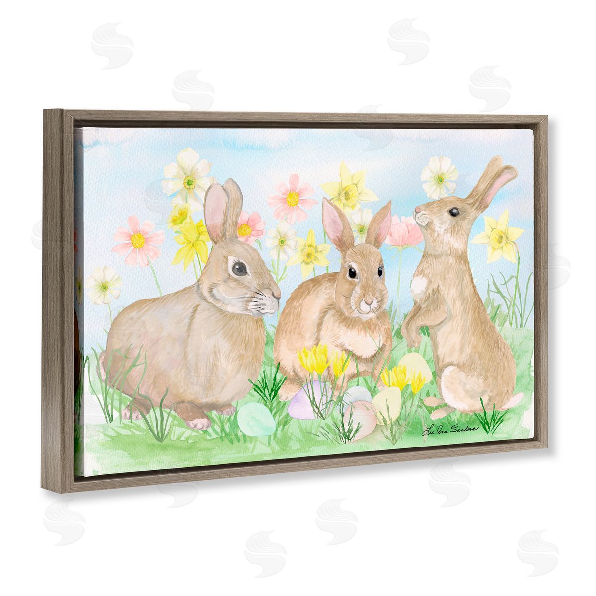 Lee Ann Sanders Three Bunnies In The Grass Brown Floating Frame Canvas Wall Art Print