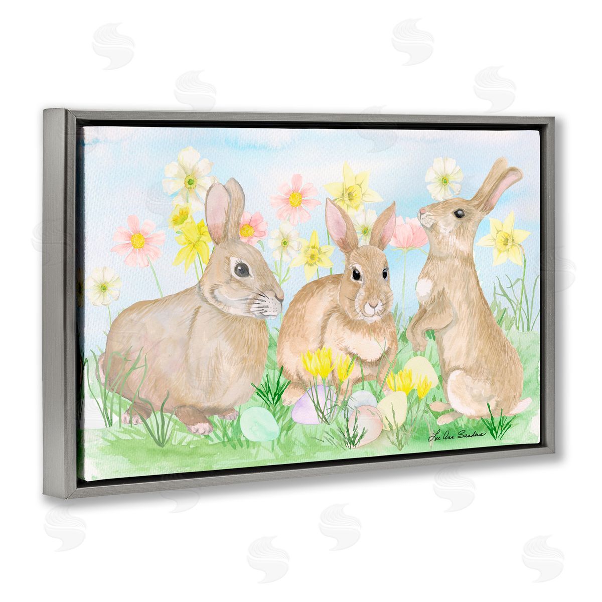Lee Ann Sanders Three Bunnies In The Grass Gray Floating Frame Canvas Wall Art Print