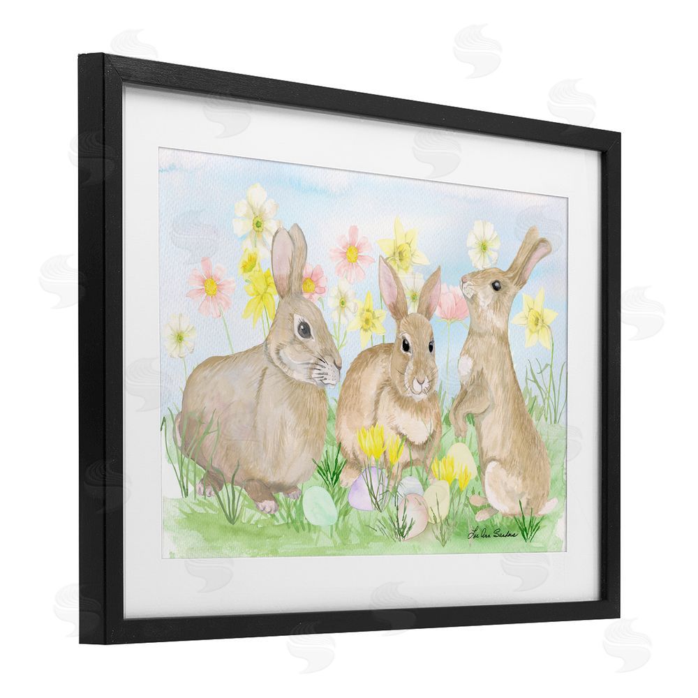 Lee Ann Sanders Three Bunnies In The Grass Black Framed Print Under Glass Wall Art