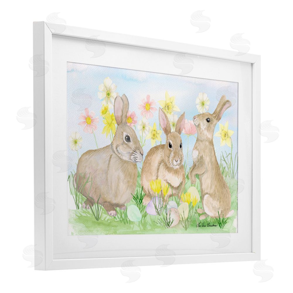 Lee Ann Sanders Three Bunnies In The Grass White Framed Print Under Glass Wall Art