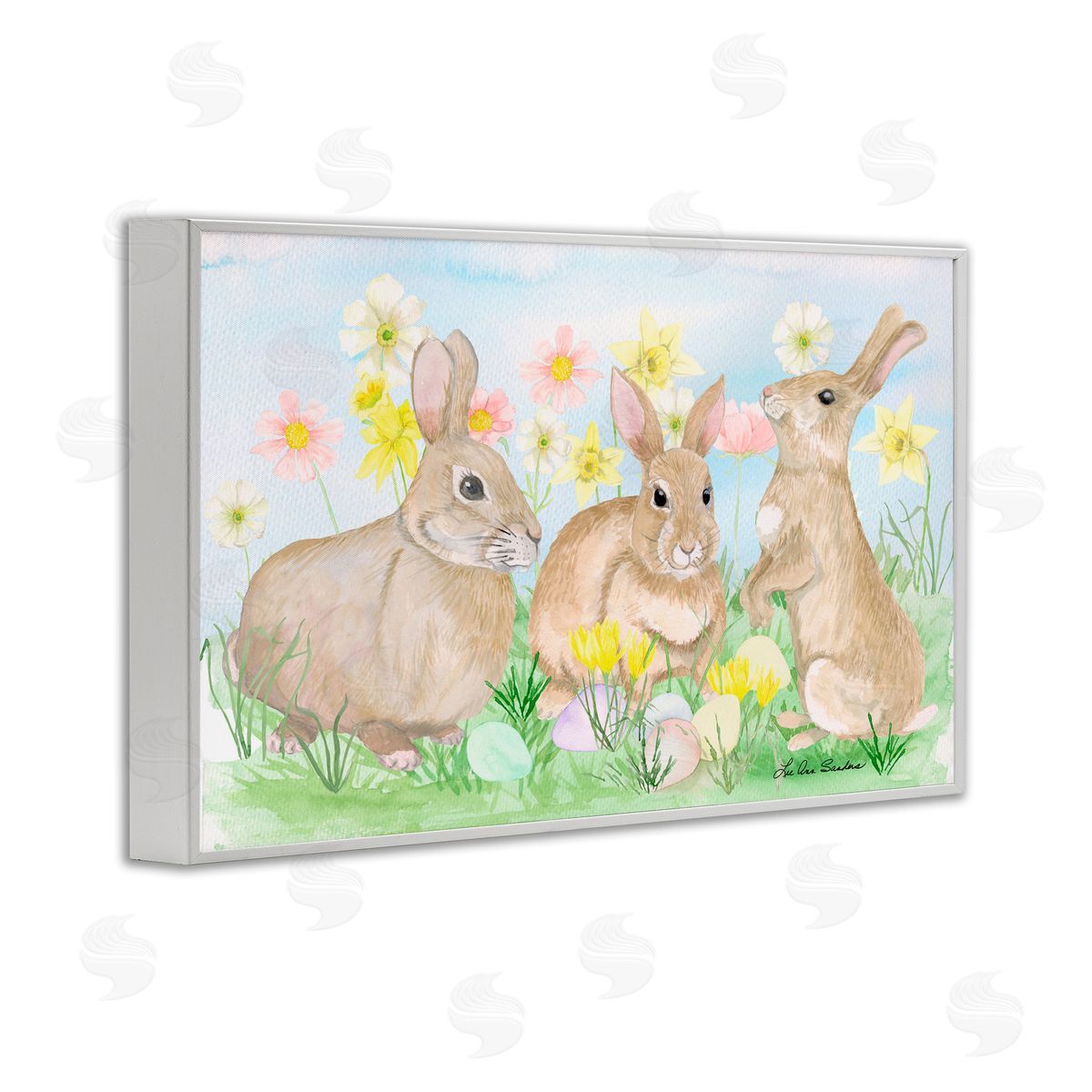 Lee Ann Sanders Three Bunnies In The Grass White Framed Giclee Print Wall Art