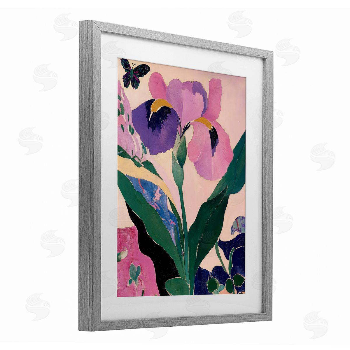 Annabelle Hall Modern Iris Smiles Gray Framed Print Under Glass with White Mat Wall Art