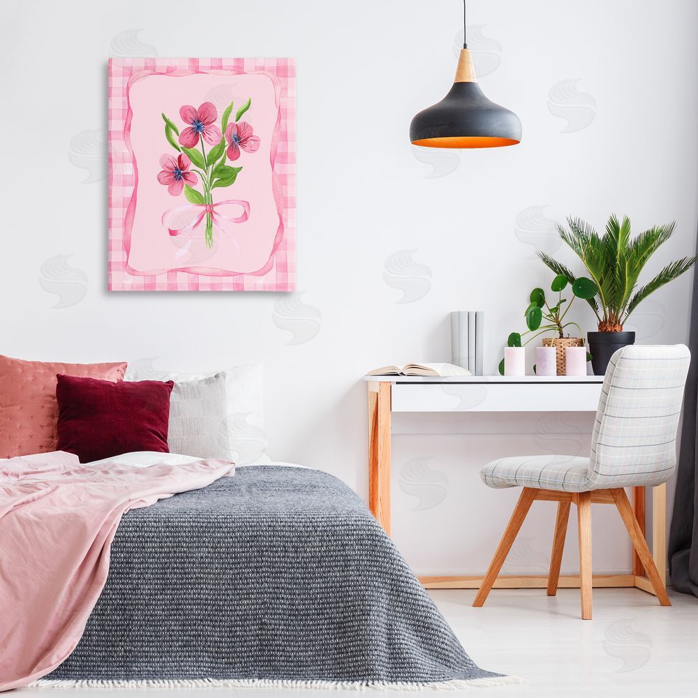 Nina Jacobs Pink Bordered Flower Bundle Stretched Canvas Wall Art Print in Room