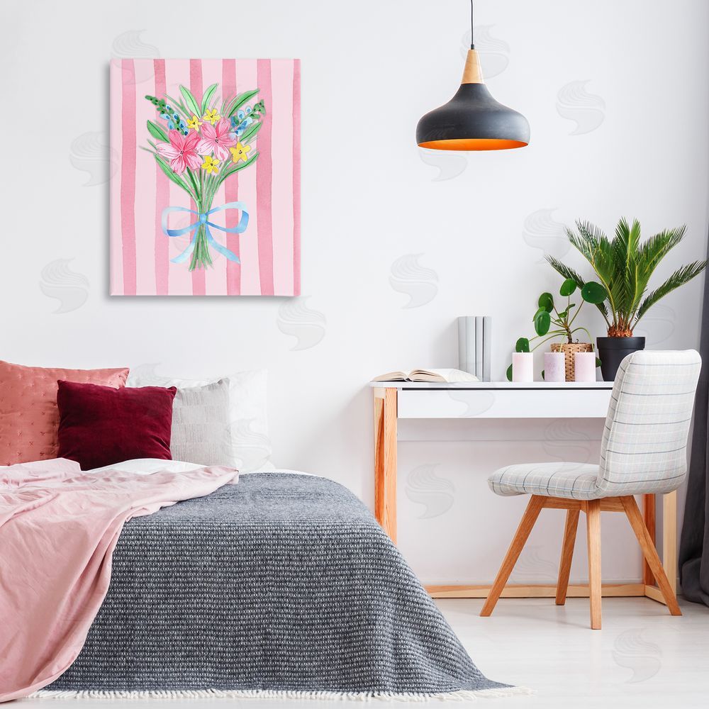 Nina Jacobs Spring Bouquet & Bow Stripes Stretched Canvas Wall Art Print in Room