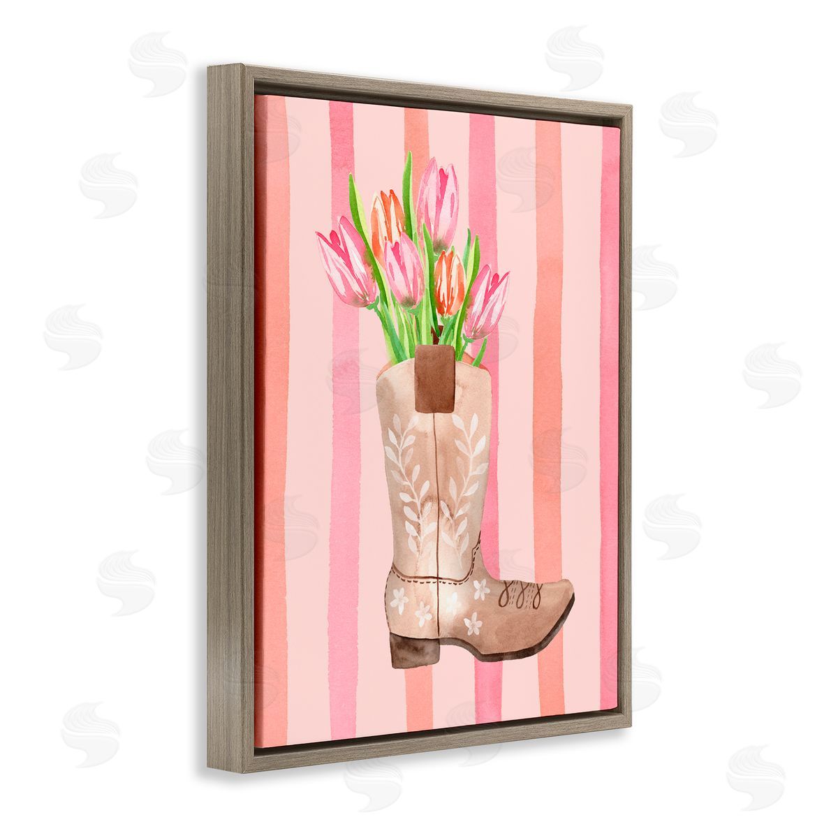Nina Jacobs Tulip Cowgirl on Stripes Brown Floating Frame Canvas Wall Art Print