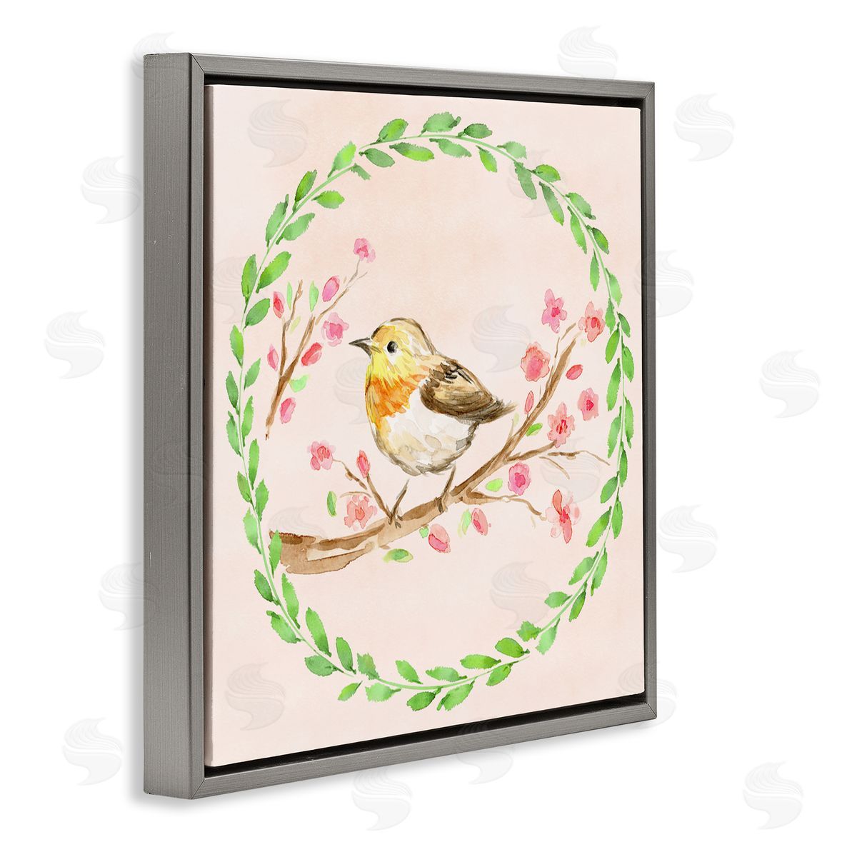 Elena Fay Spring Wreaths Bird Gray Floating Frame Canvas Wall Art Print