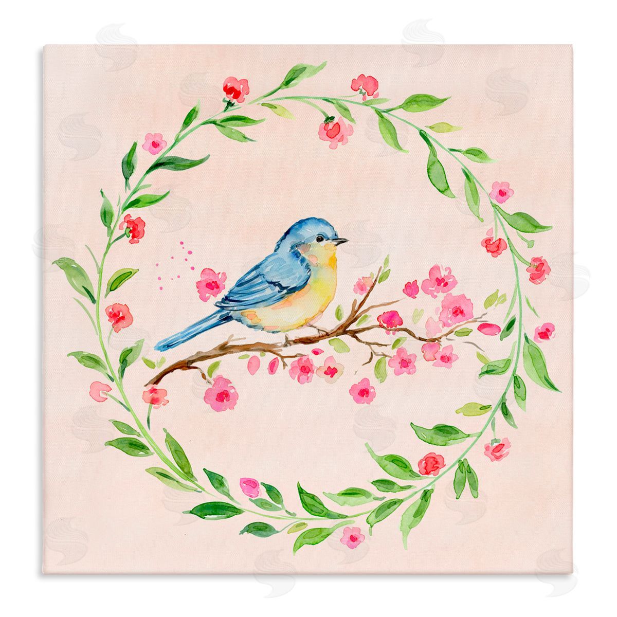 Elena Fay Spring Bird Wreath Perch Stretched Canvas Wall Art Print