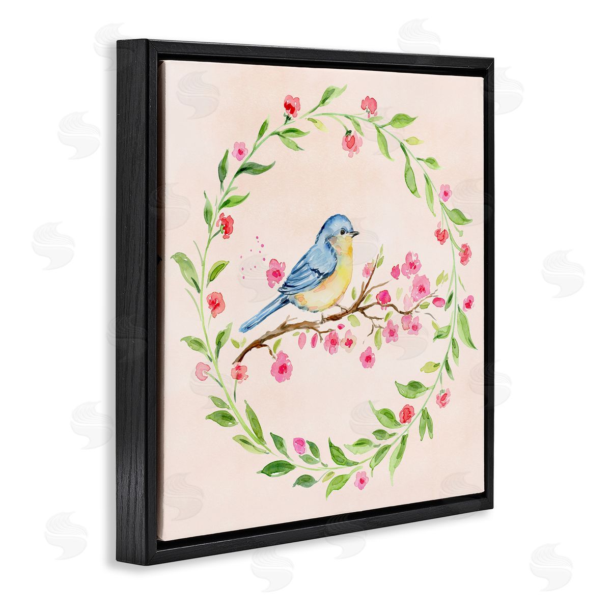 Elena Fay Spring Bird Wreath Perch Black Floating Frame Canvas Wall Art Print