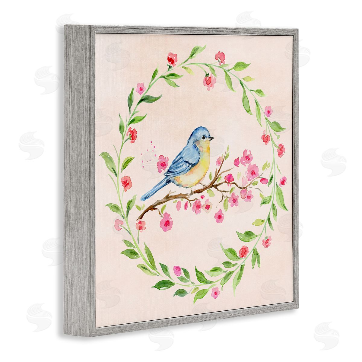 Elena Fay Spring Bird Wreath Perch Gray Framed Giclee Print Wall Art