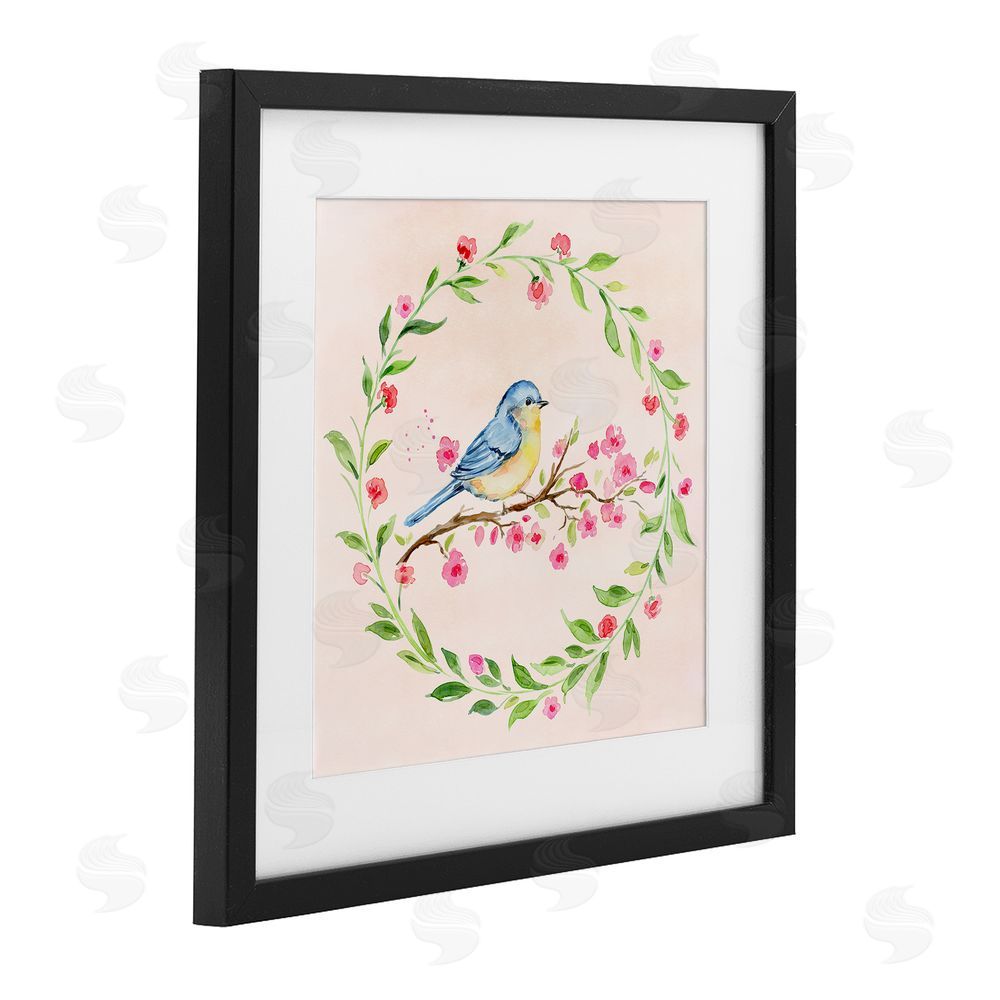 Elena Fay Spring Bird Wreath Perch Black Framed Print Under Glass Wall Art