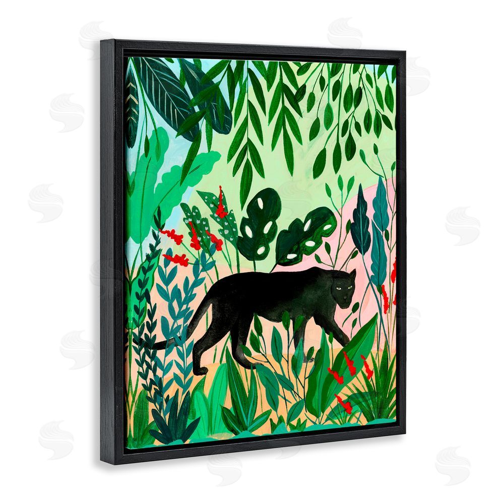 Nabeela Rumi Stoic Panther Tropical Forest Black Floating Frame Canvas Wall Art Print