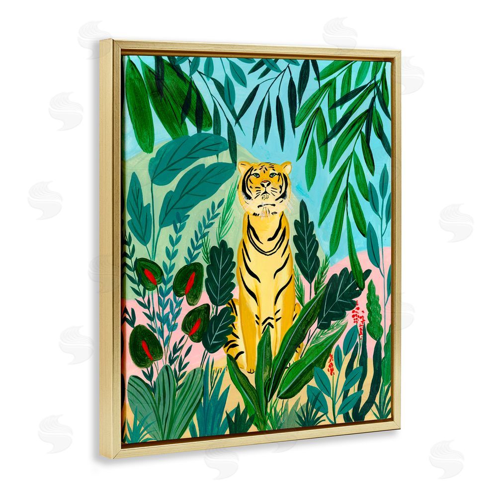 Nabeela Rumi Stoic Tiger Tropical Forest Gold Floating Frame Canvas Wall Art Print