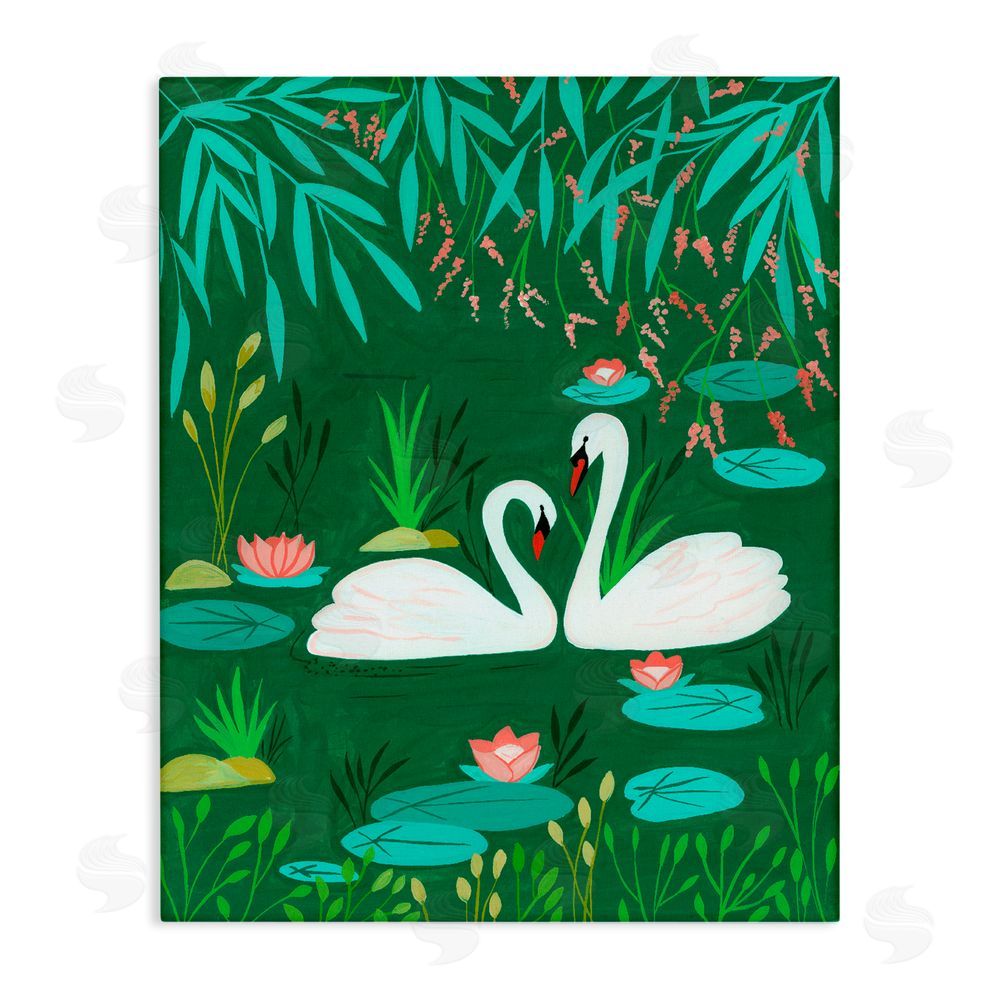 Nabeela Rumi Swan Pair on Green Pond Stretched Canvas Wall Art Print