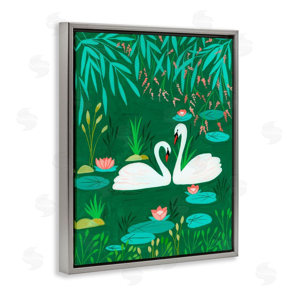 Nabeela Rumi Swan Pair on Green Pond Gray Floating Frame Canvas Wall Art Print