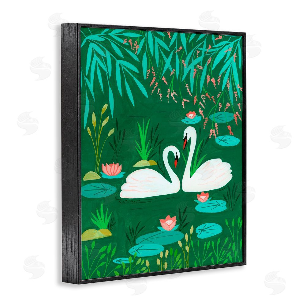 Nabeela Rumi Swan Pair on Green Pond Black Framed Giclee Print Wall Art