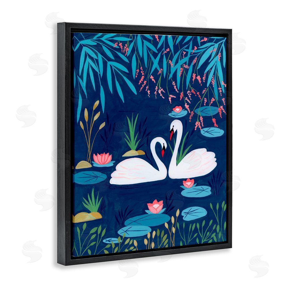 Nabeela Rumi Swan Pair on Blue Pond Black Floating Frame Canvas Wall Art Print