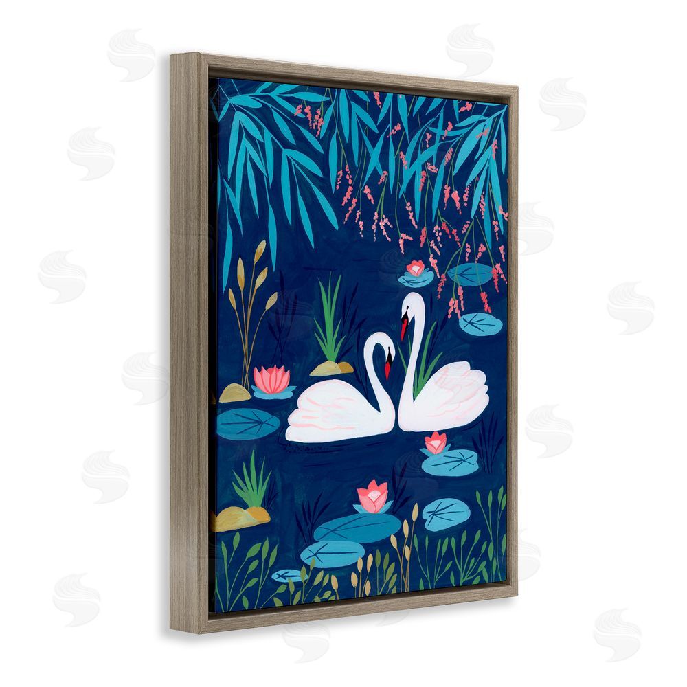 Nabeela Rumi Swan Pair on Blue Pond Brown Floating Frame Canvas Wall Art Print