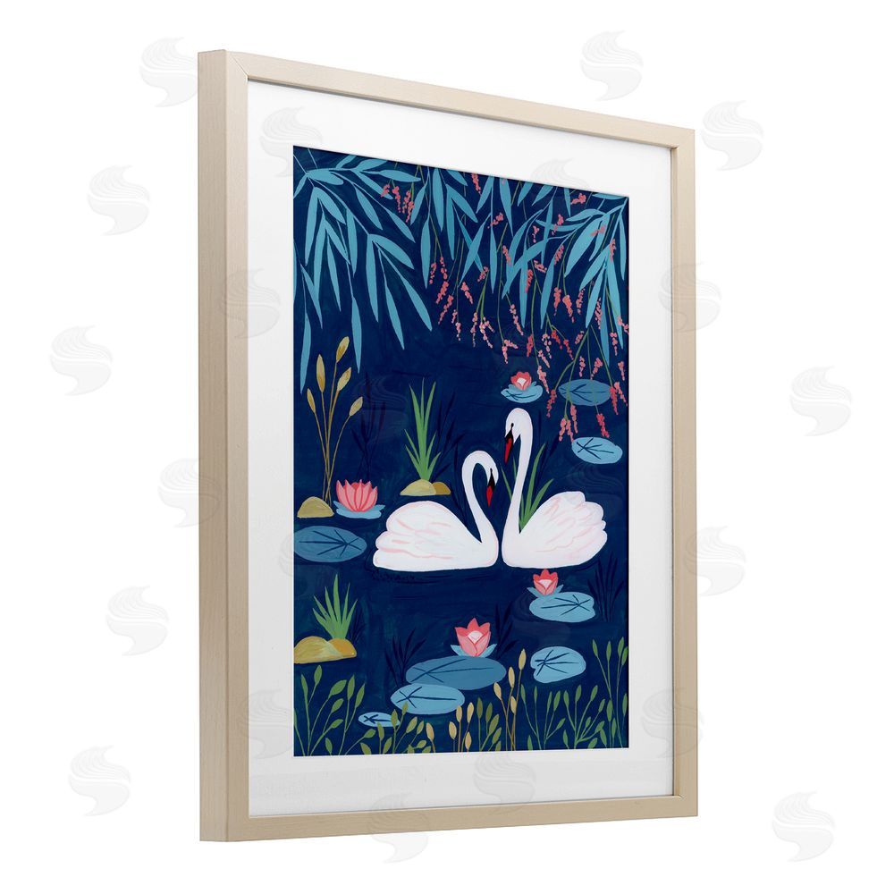 Nabeela Rumi Swan Pair on Blue Pond Brown Framed Print Under Glass Wall Art