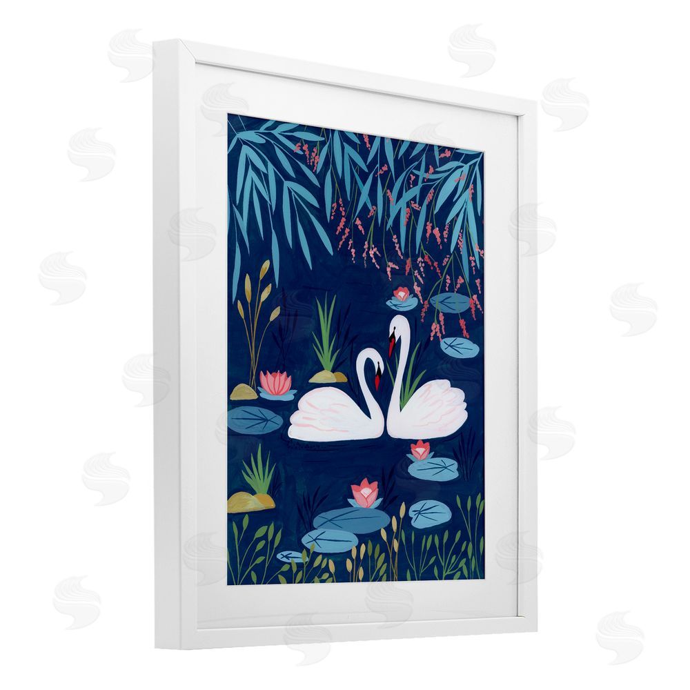 Nabeela Rumi Swan Pair on Blue Pond White Framed Print Under Glass Wall Art