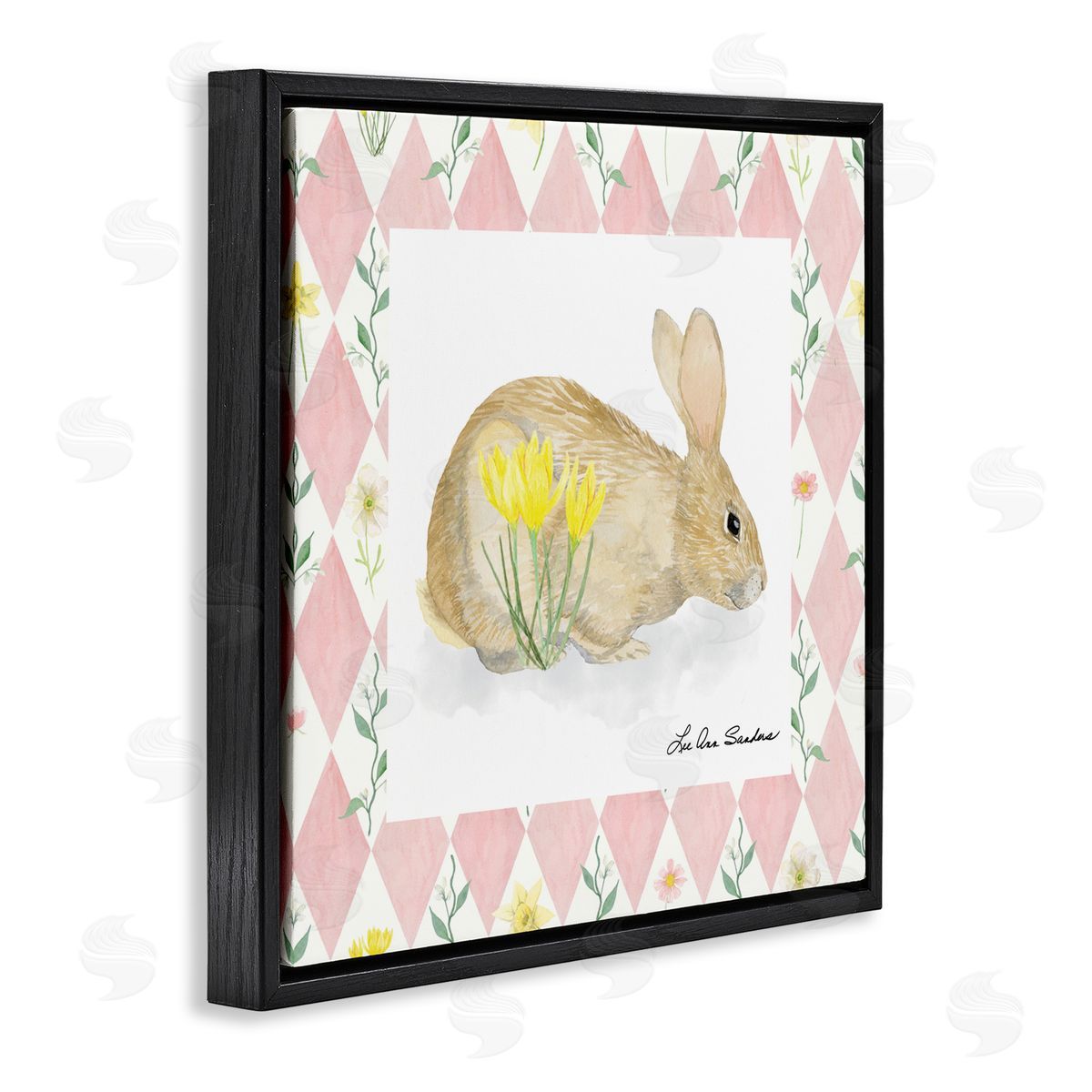 Lee Ann Sanders Buttercup Bunny on Pink Argyle Black Floating Frame Canvas Wall Art Print