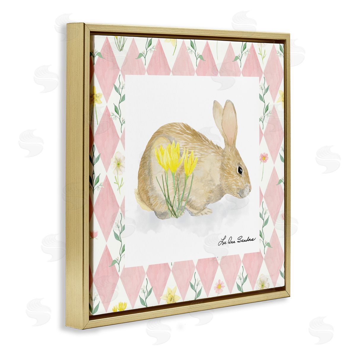 Lee Ann Sanders Buttercup Bunny on Pink Argyle Gold Floating Frame Canvas Wall Art Print