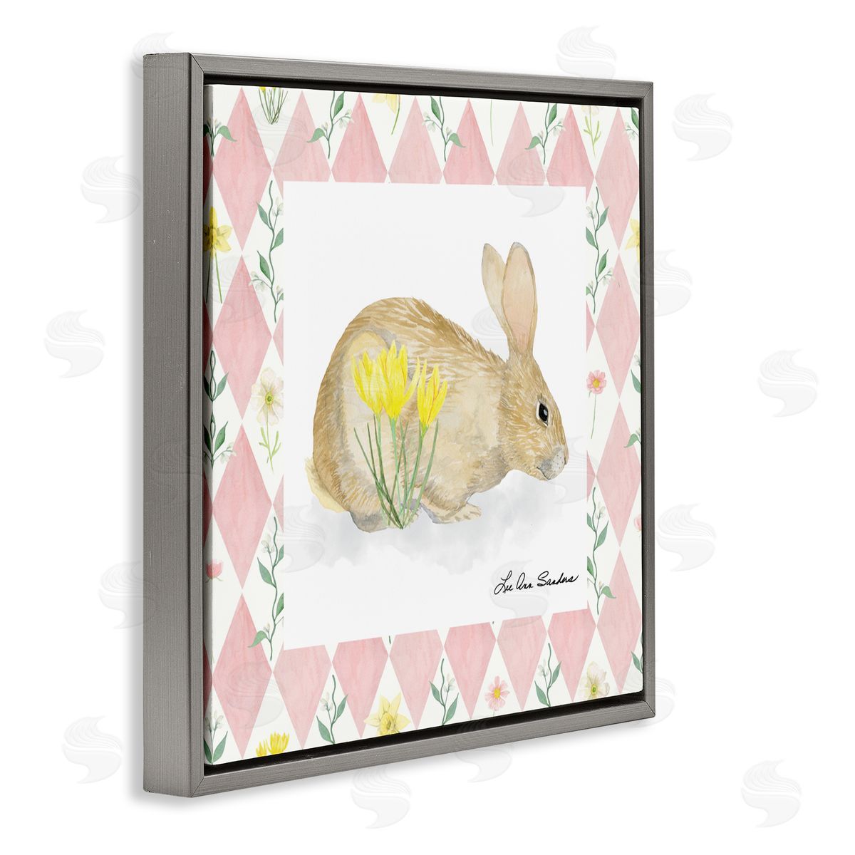 Lee Ann Sanders Buttercup Bunny on Pink Argyle Gray Floating Frame Canvas Wall Art Print