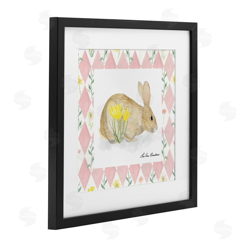 Lee Ann Sanders Buttercup Bunny on Pink Argyle Black Framed Print Under Glass Wall Art