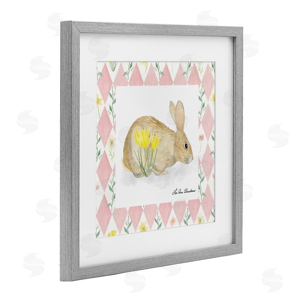 Lee Ann Sanders Buttercup Bunny on Pink Argyle Gray Framed Print Under Glass Wall Art